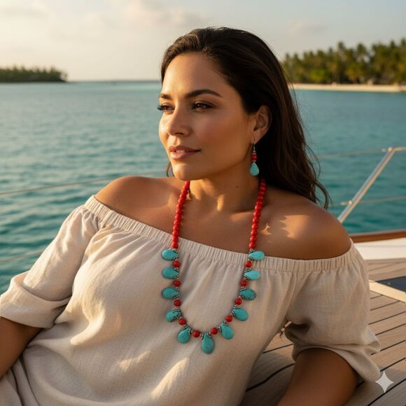 Turquoise & Red Coral Beaded Necklace Set Teardrop Toggle Earrings Southwestern - Picture 2 of 16